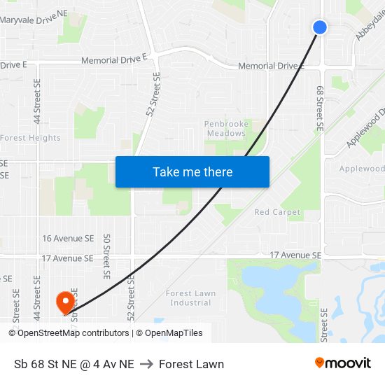 Sb 68 St NE @ 4 Av NE to Forest Lawn map