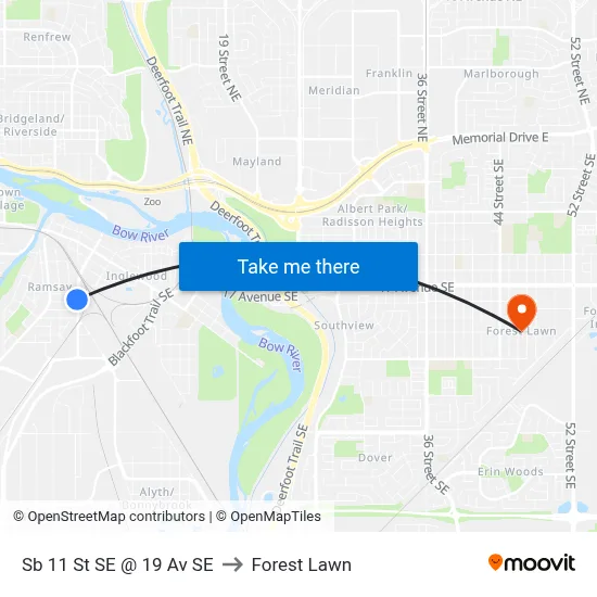 Sb 11 St SE @ 19 Av SE to Forest Lawn map