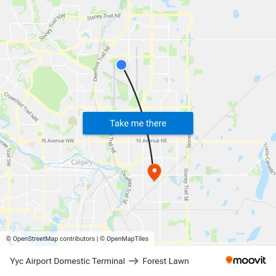 Yyc Airport Domestic Terminal to Forest Lawn map