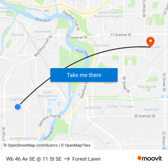 Wb 46 Av SE @ 11 St SE to Forest Lawn map