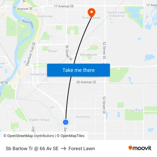 Sb Barlow Tr @ 66 Av SE to Forest Lawn map