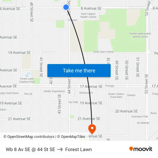 Wb 8 Av SE @ 44 St SE to Forest Lawn map