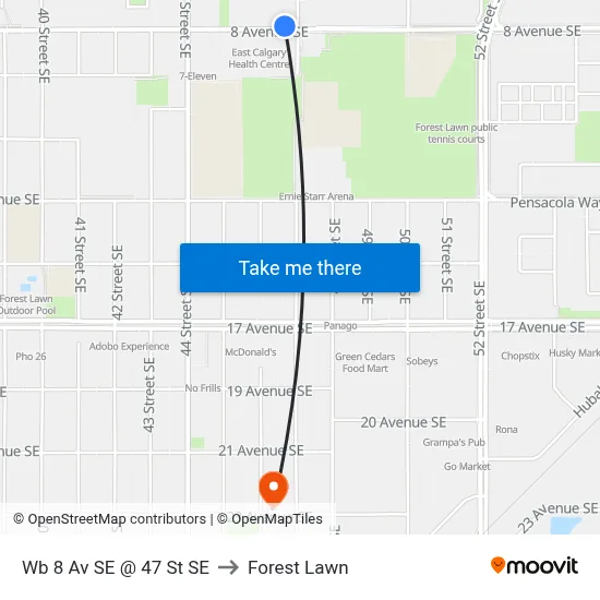 Wb 8 Av SE @ 47 St SE to Forest Lawn map