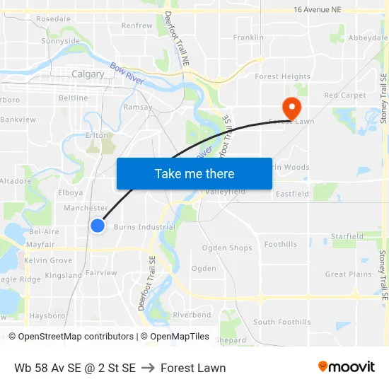 Wb 58 Av SE @ 2 St SE to Forest Lawn map