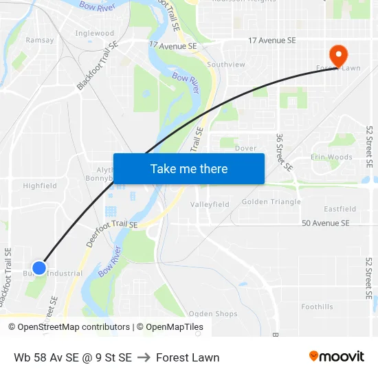 Wb 58 Av SE @ 9 St SE to Forest Lawn map