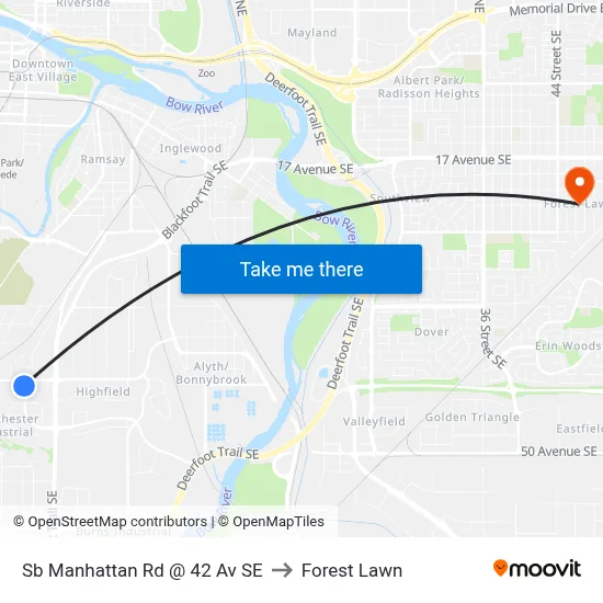 Sb Manhattan Rd @ 42 Av SE to Forest Lawn map