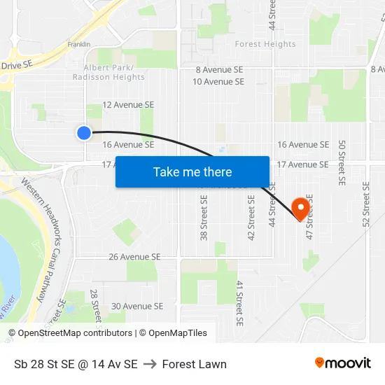 Sb 28 St SE @ 14 Av SE to Forest Lawn map