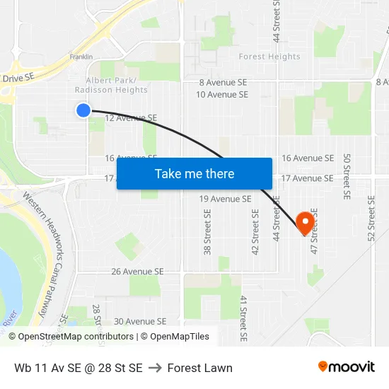 Wb 11 Av SE @ 28 St SE to Forest Lawn map
