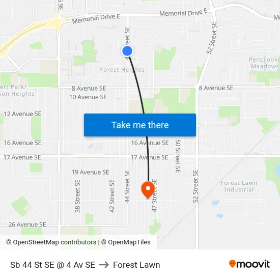 Sb 44 St SE @ 4 Av SE to Forest Lawn map