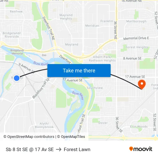 Sb 8 St SE @ 17 Av SE to Forest Lawn map