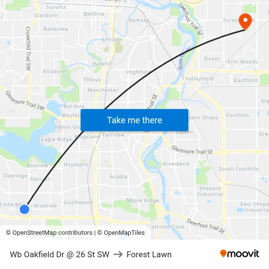 Wb Oakfield Dr @ 26 St SW to Forest Lawn map