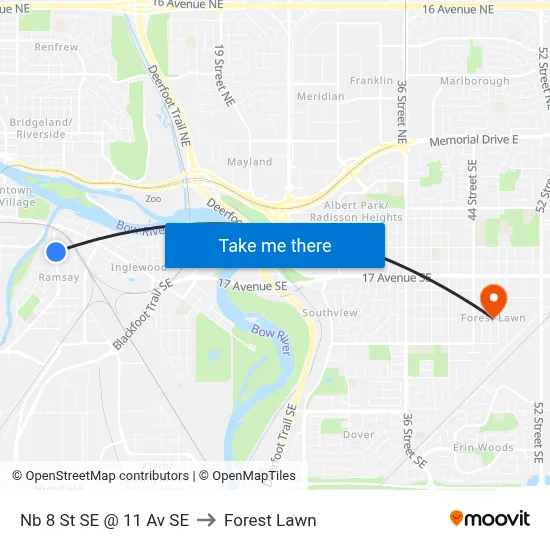 Nb 8 St SE @ 11 Av SE to Forest Lawn map