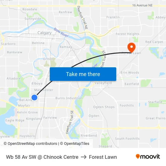 Wb 58 Av SW @ Chinook Centre to Forest Lawn map