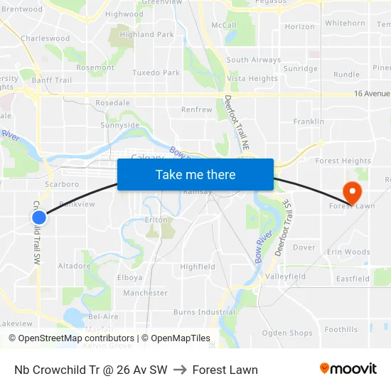 Nb Crowchild Tr @ 26 Av SW to Forest Lawn map