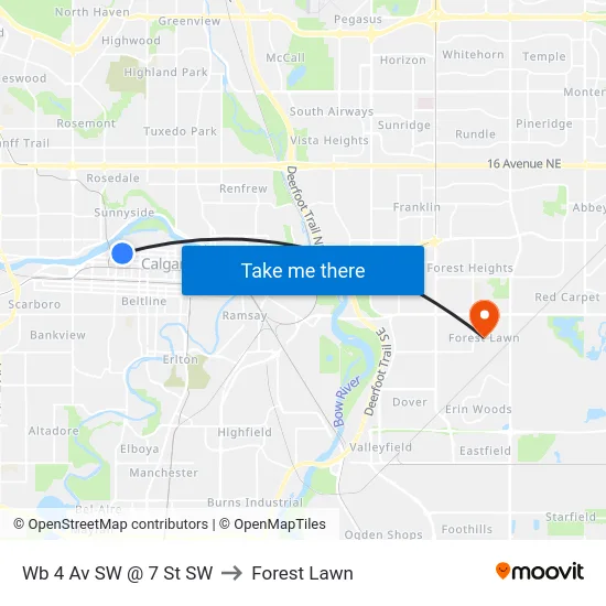 Wb 4 Av SW @ 7 St SW to Forest Lawn map