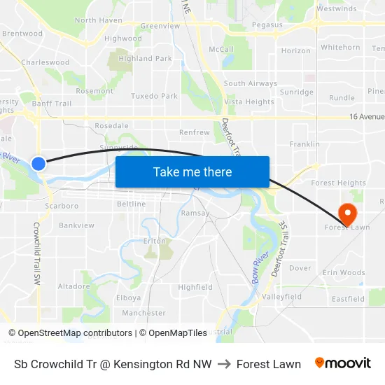 Sb Crowchild Tr @ Kensington Rd NW to Forest Lawn map