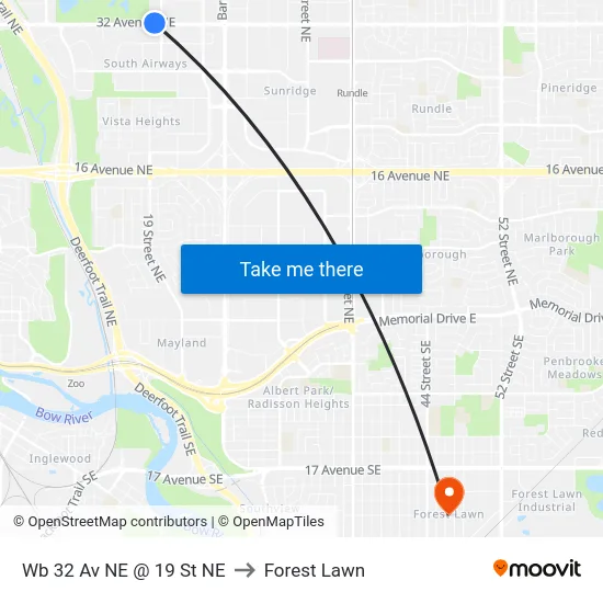 Wb 32 Av NE @ 19 St NE to Forest Lawn map