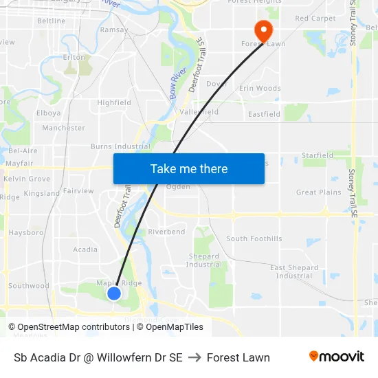 Sb Acadia Dr @ Willowfern Dr SE to Forest Lawn map
