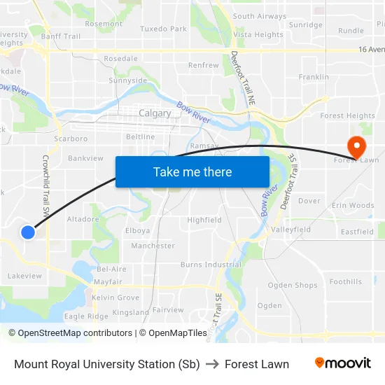 Mount Royal University Station (Sb) to Forest Lawn map