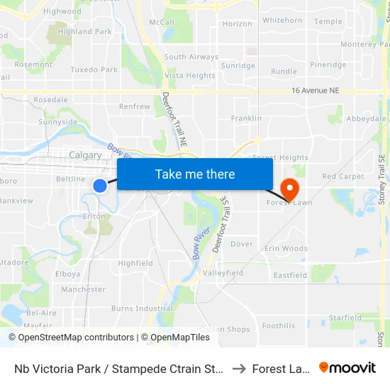 Nb Victoria Park / Stampede Ctrain Station to Forest Lawn map