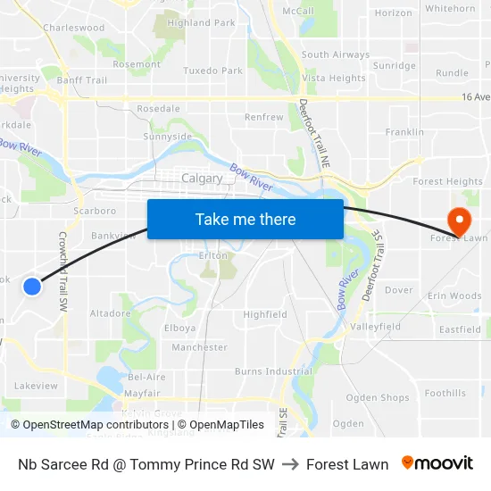 Nb Sarcee Rd @ Tommy Prince Rd SW to Forest Lawn map