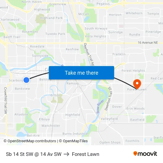 Sb 14 St SW @ 14 Av SW to Forest Lawn map