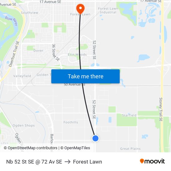 Nb 52 St SE @ 72 Av SE to Forest Lawn map