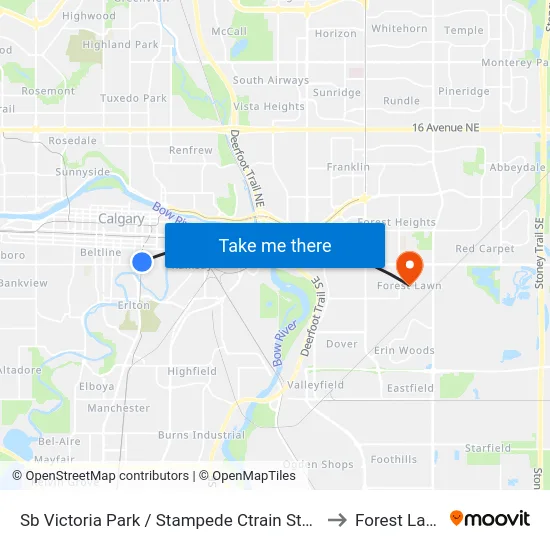 Sb Victoria Park / Stampede Ctrain Station to Forest Lawn map