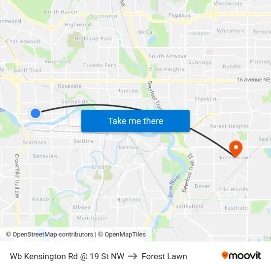 Wb Kensington Rd @ 19 St NW to Forest Lawn map
