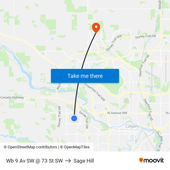 Wb 9 Av SW @ 73 St SW to Sage Hill map