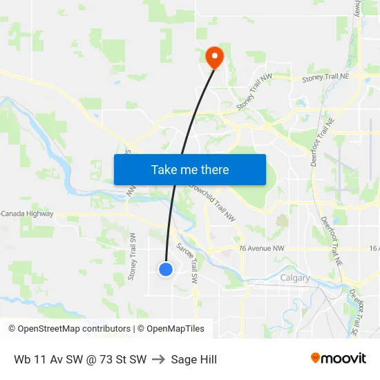 Wb 11 Av SW @ 73 St SW to Sage Hill map