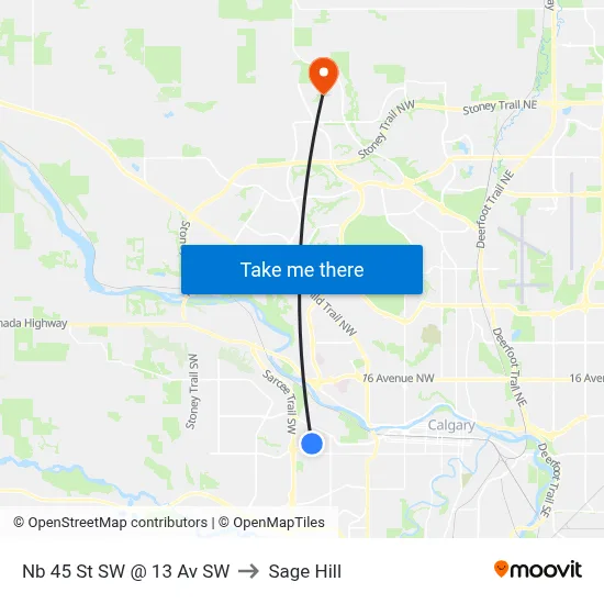 Nb 45 St SW @ 13 Av SW to Sage Hill map