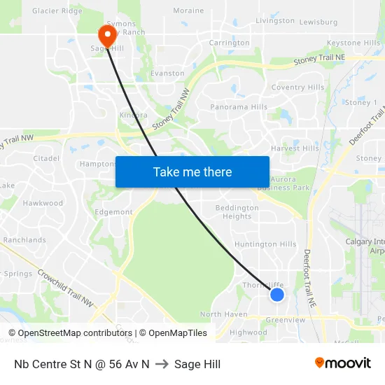 Nb Centre St N @ 56 Av N to Sage Hill map