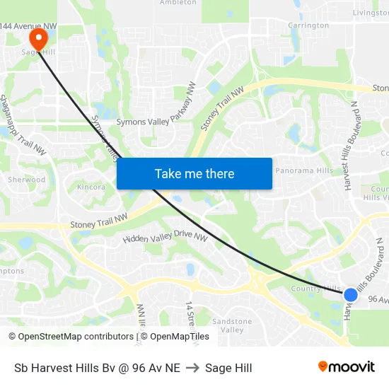 Sb Harvest Hills Bv @ 96 Av NE to Sage Hill map