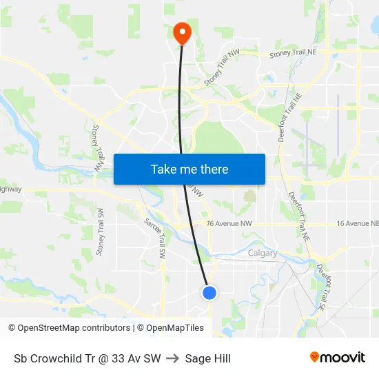 Sb Crowchild Tr @ 33 Av SW to Sage Hill map