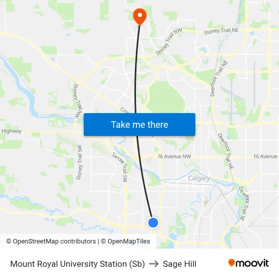 Mount Royal University Station (Sb) to Sage Hill map