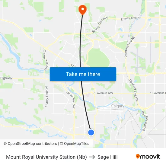 Mount Royal University Station (Nb) to Sage Hill map