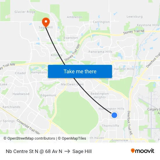 Nb Centre St N @ 68 Av N to Sage Hill map