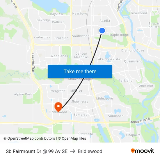 Sb Fairmount Dr @ 99 Av SE to Bridlewood map