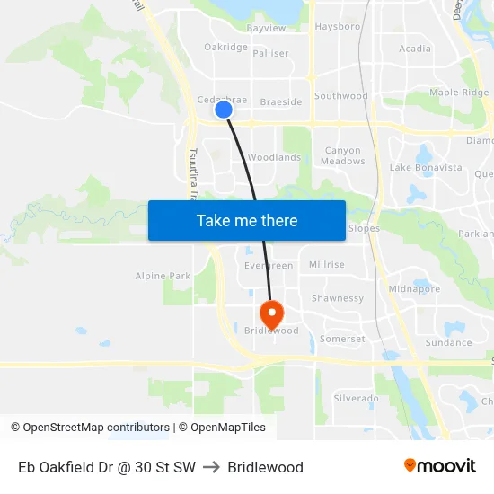 Eb Oakfield Dr @ 30 St SW to Bridlewood map