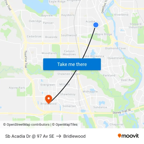 Sb Acadia Dr @ 97 Av SE to Bridlewood map