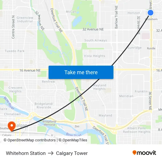 Whitehorn Station to Calgary Tower map