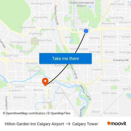 Hilton Garden Inn Calgary Airport to Calgary Tower map