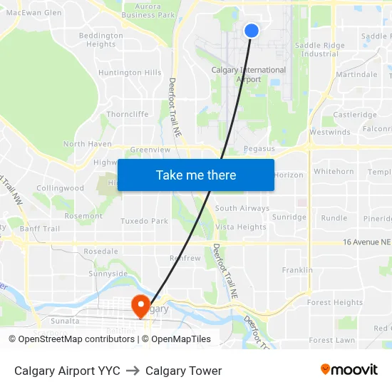Calgary Airport YYC to Calgary Tower map