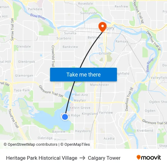 Heritage Park Historical Village to Calgary Tower map