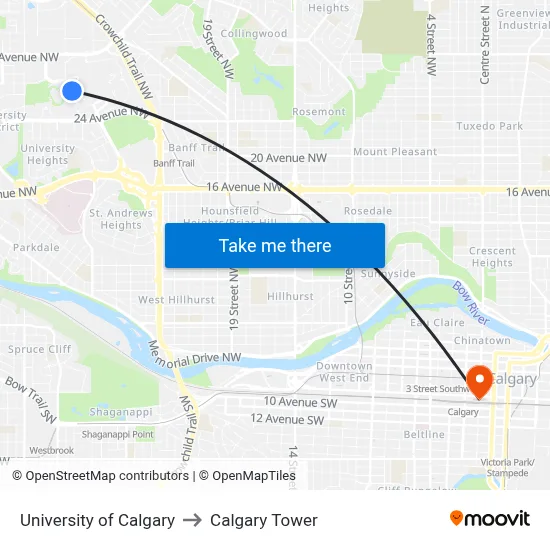 University of Calgary to Calgary Tower map