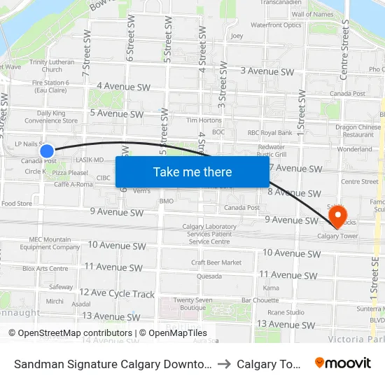 Sandman Signature Calgary Downtown to Calgary Tower map
