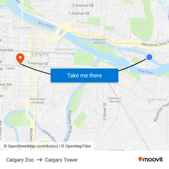 Calgary Zoo to Calgary Tower map