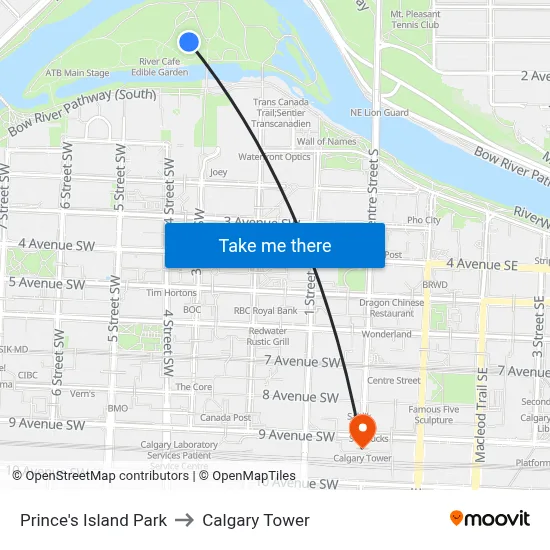 Prince's Island Park to Calgary Tower map