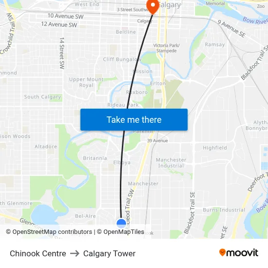 Chinook Centre to Calgary Tower map